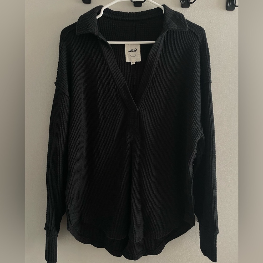 aerie Black Waffle-Knit Pullover Hoodie